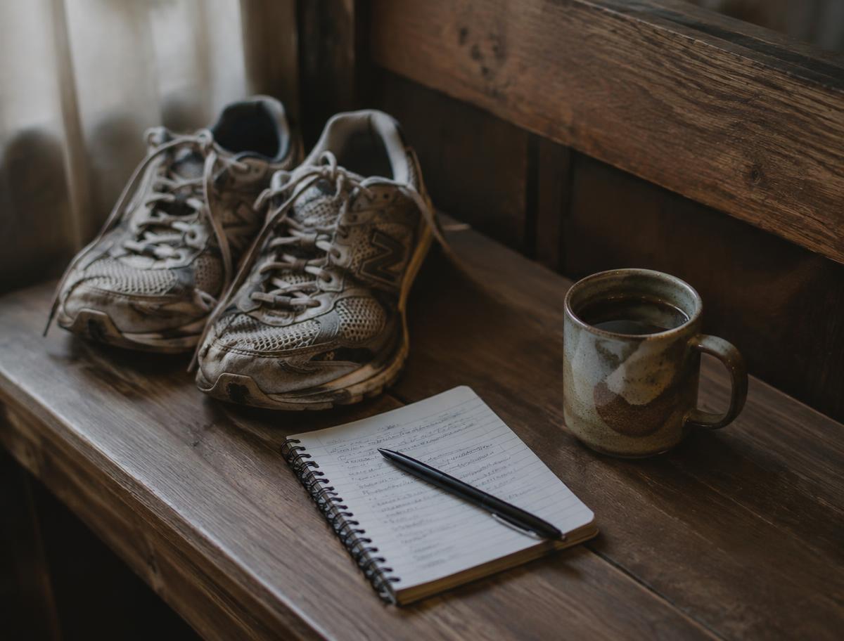 Running shoes, notebook and coffee on a bench